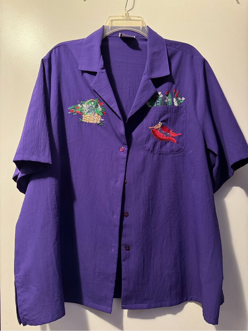 Bon Worth Purple Short-Sleeve Button-Down Shirt with Colorful Embroidery